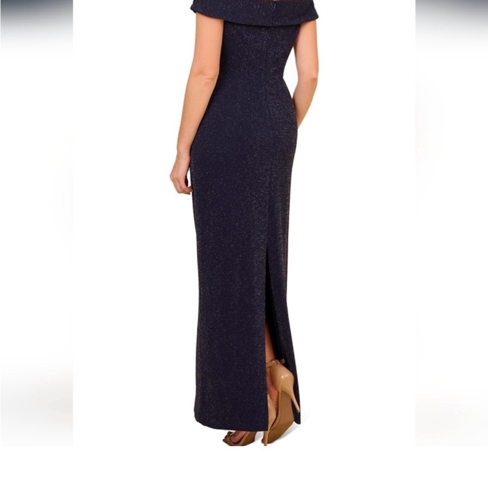 Adrianna Papell Off-Shoulder metallic knit draped Sparkle Evening Gown navy - Picture 2 of 13